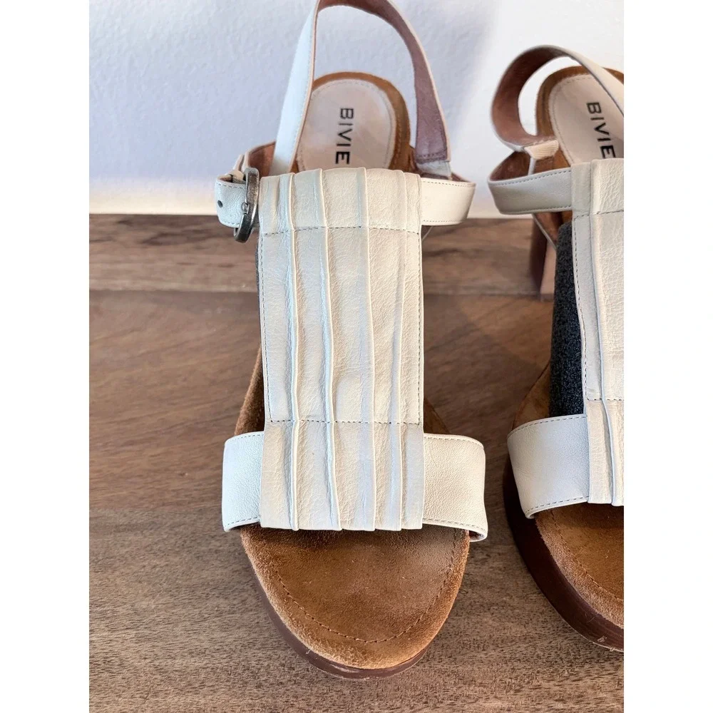 Biviel Italian‎ Cream Leather Pleated Platform Block Heel Slingback Sandals 39